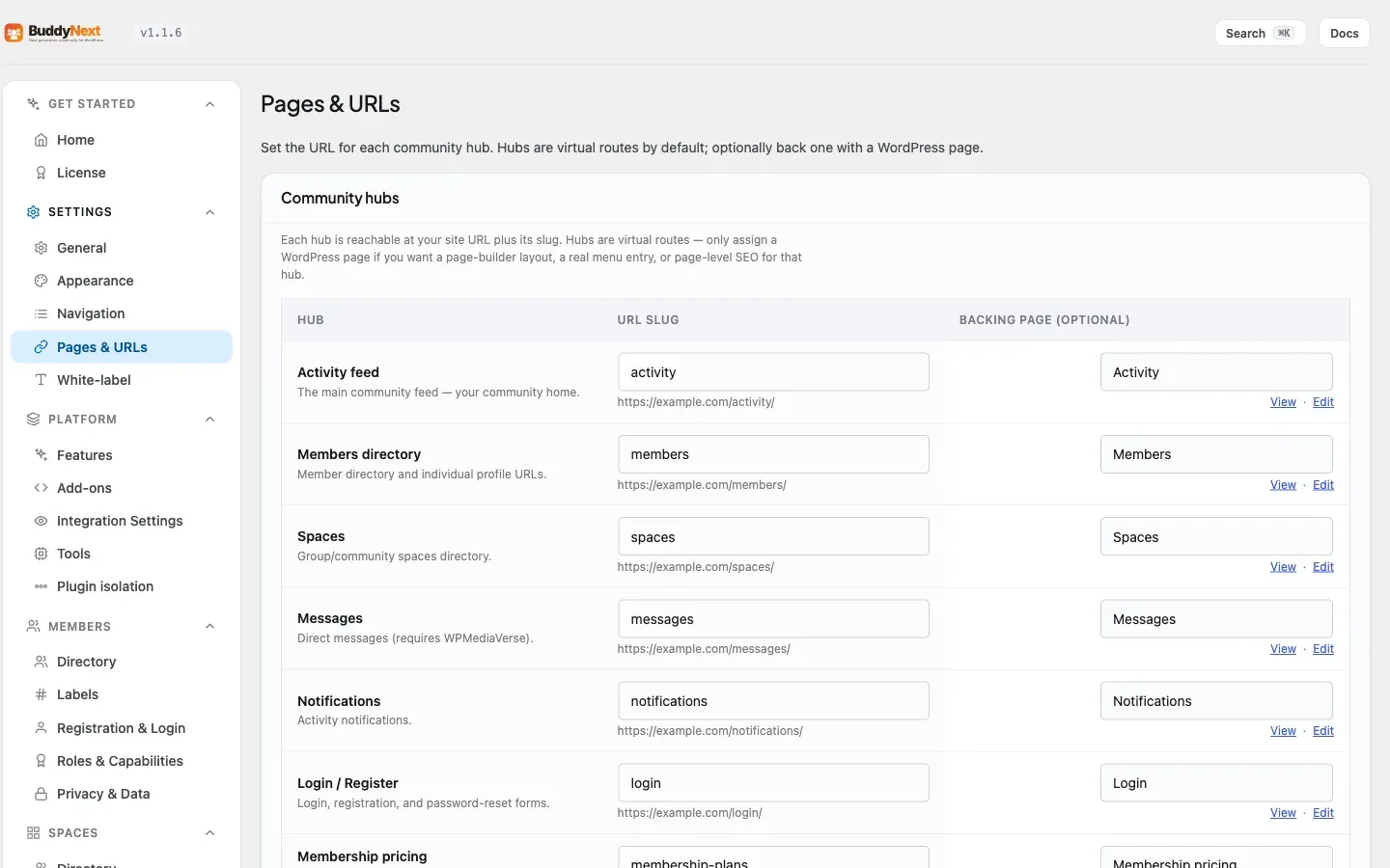 The Settings → Pages & URLs tab mapping BuddyNext screens to pages