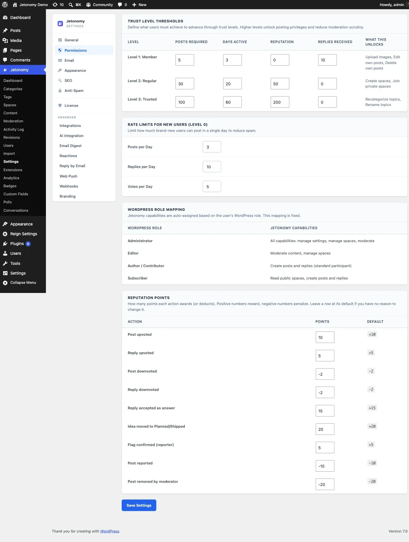Permissions settings with trust level thresholds and promotion rules
