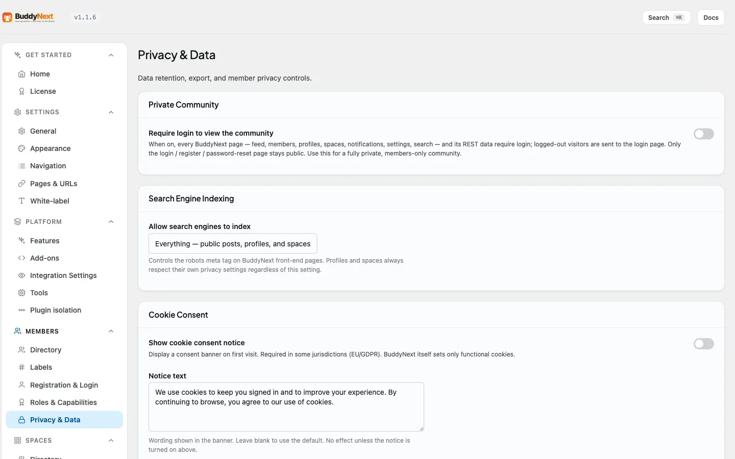Members - Privacy &amp; Data admin tab for consent, retention, export, and deletion settings