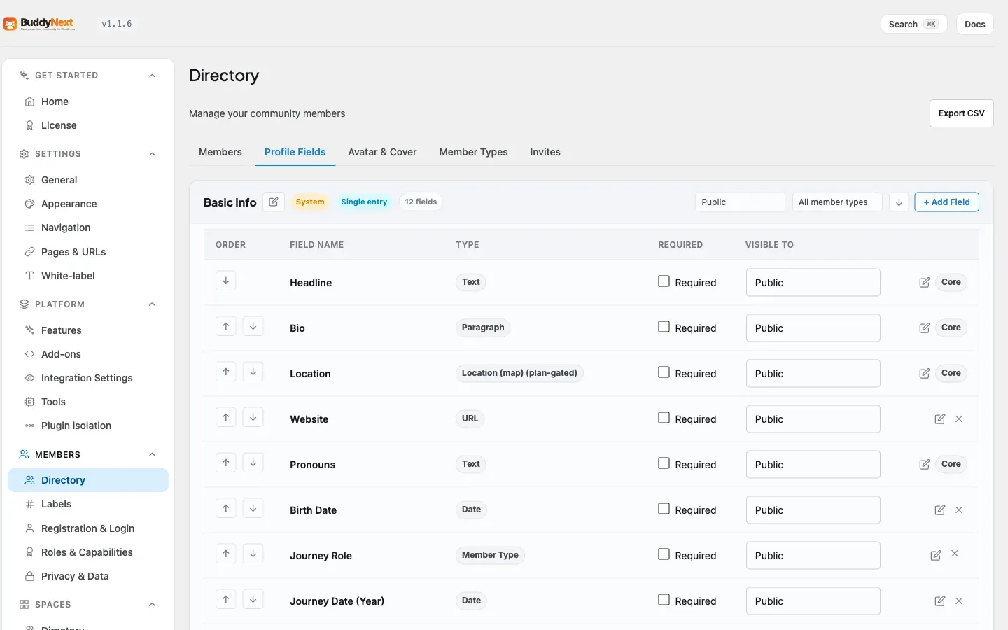 The profile fields editor - flat rows with inline Required and visibility controls