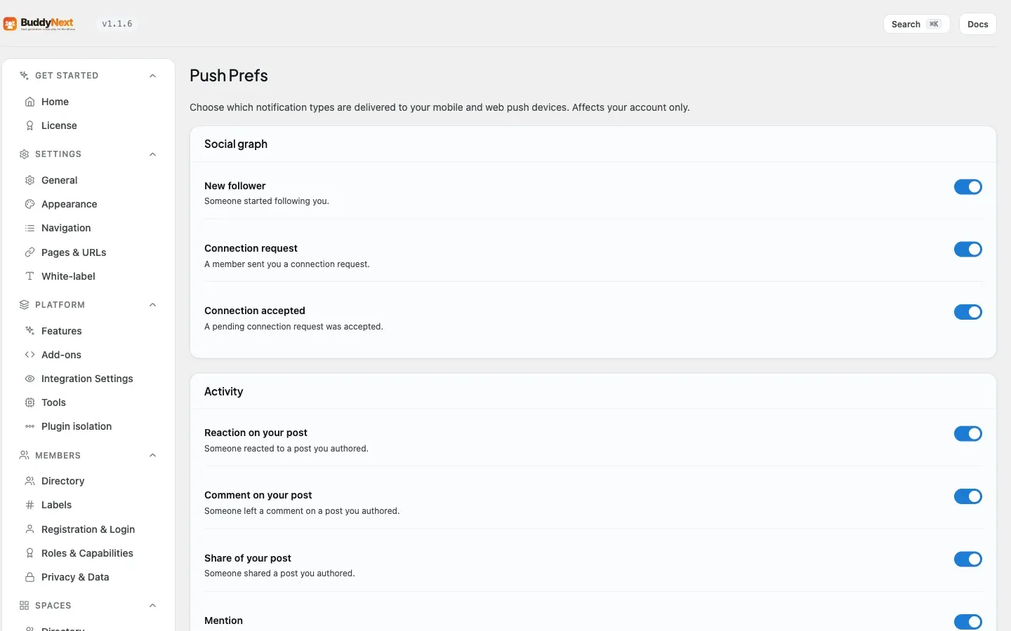 The Push Prefs tab where an admin manages their own devices