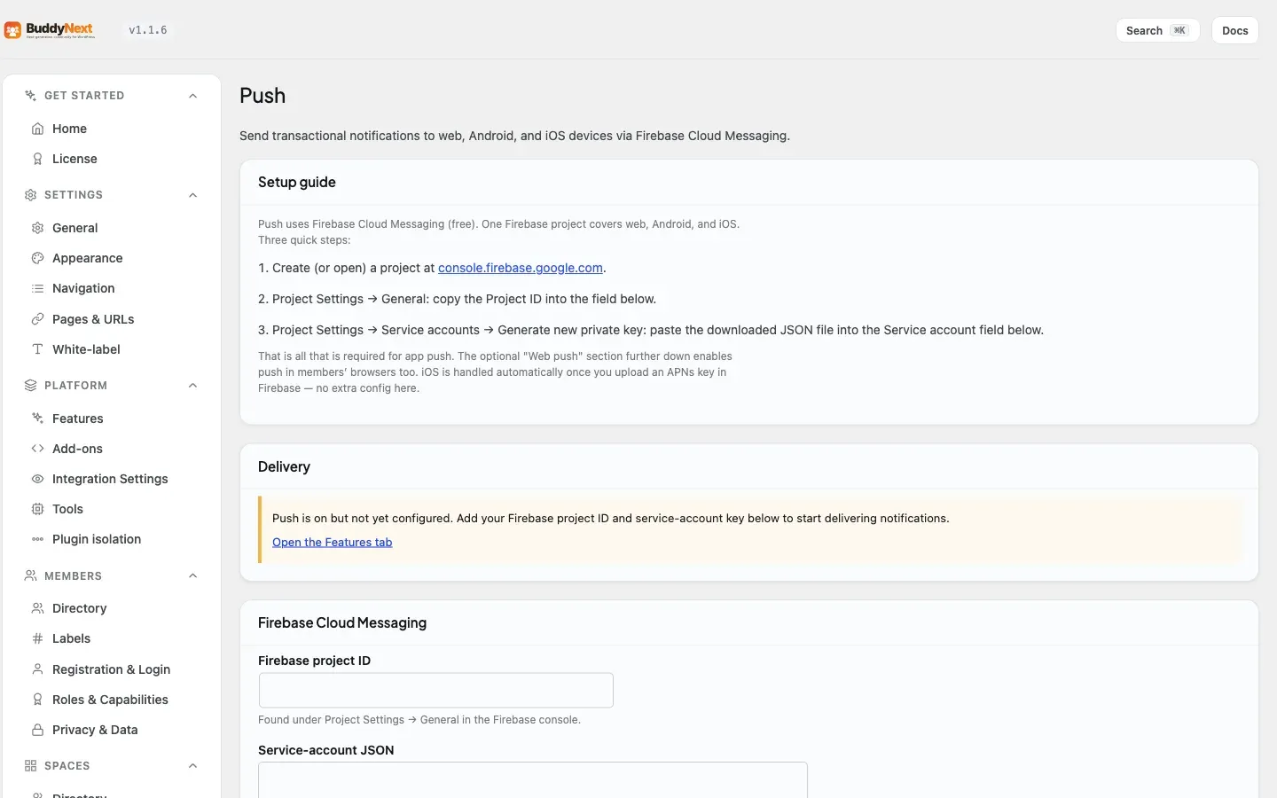 The Push admin tab where you connect Firebase and configure web and mobile push