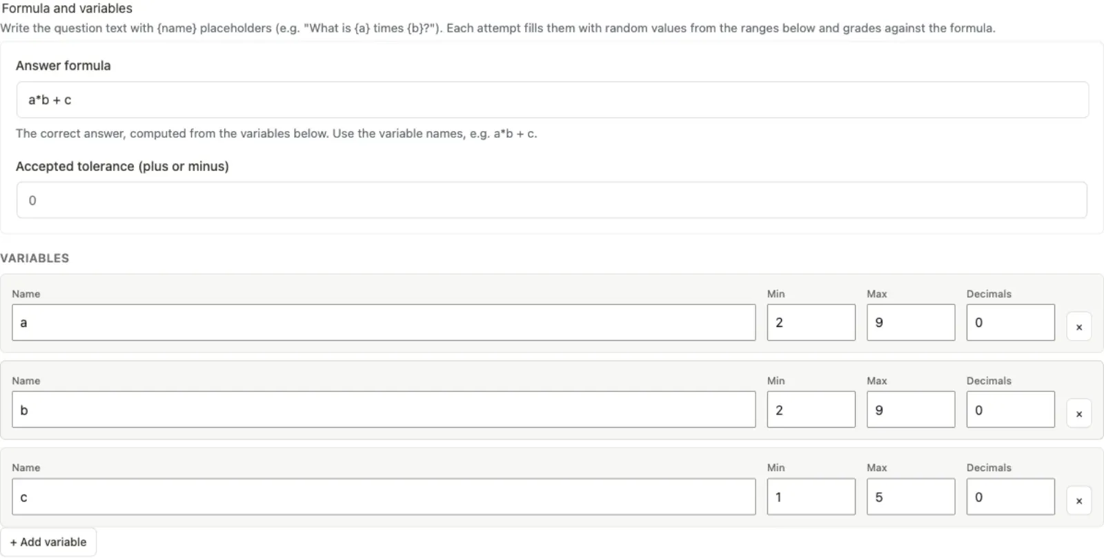 Calculated question setup: an answer formula, a tolerance, and a variable repeater with Name, Min, Max and Decimals