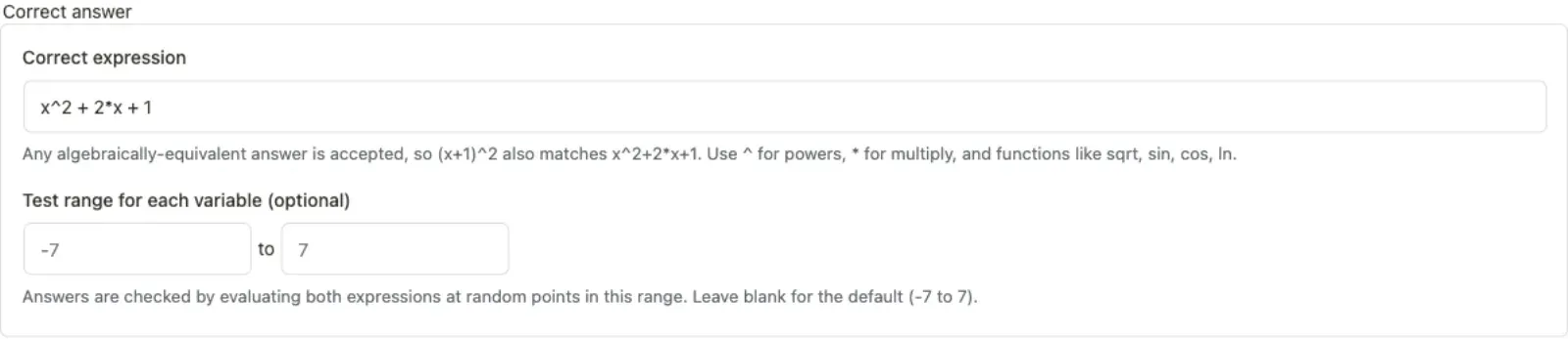 Math expression answer fields: correct expression and an optional test range