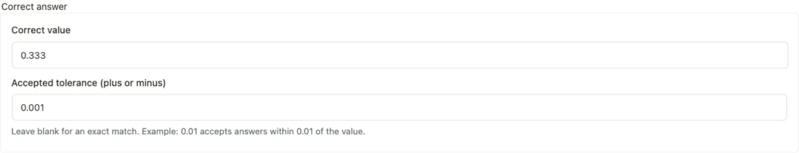 Numeric question answer fields: Correct value and Accepted tolerance