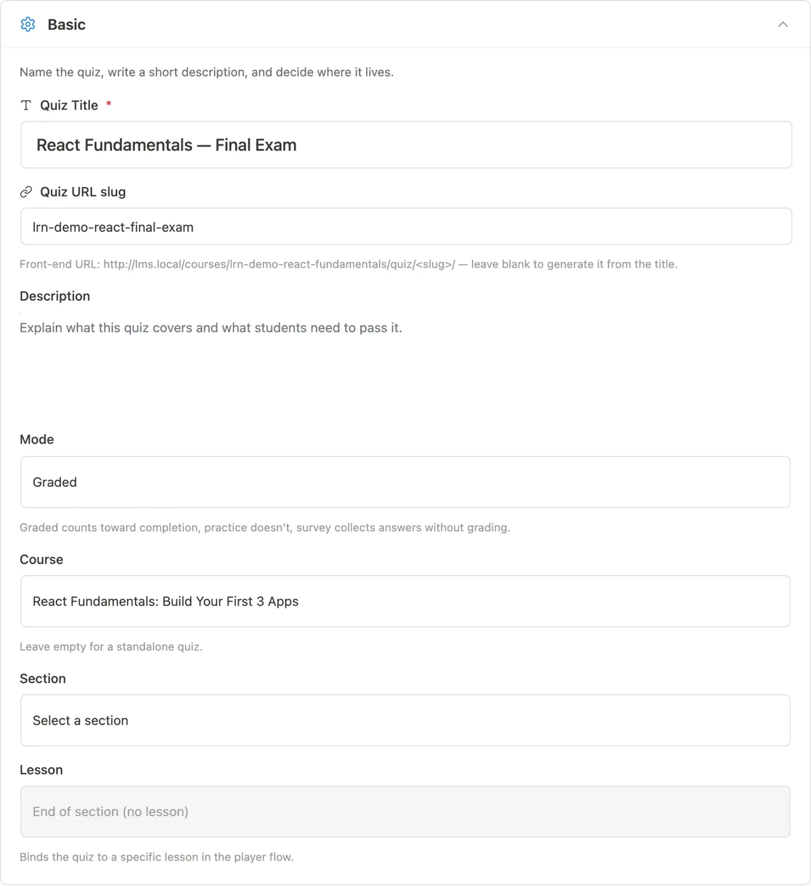Quiz editor settings