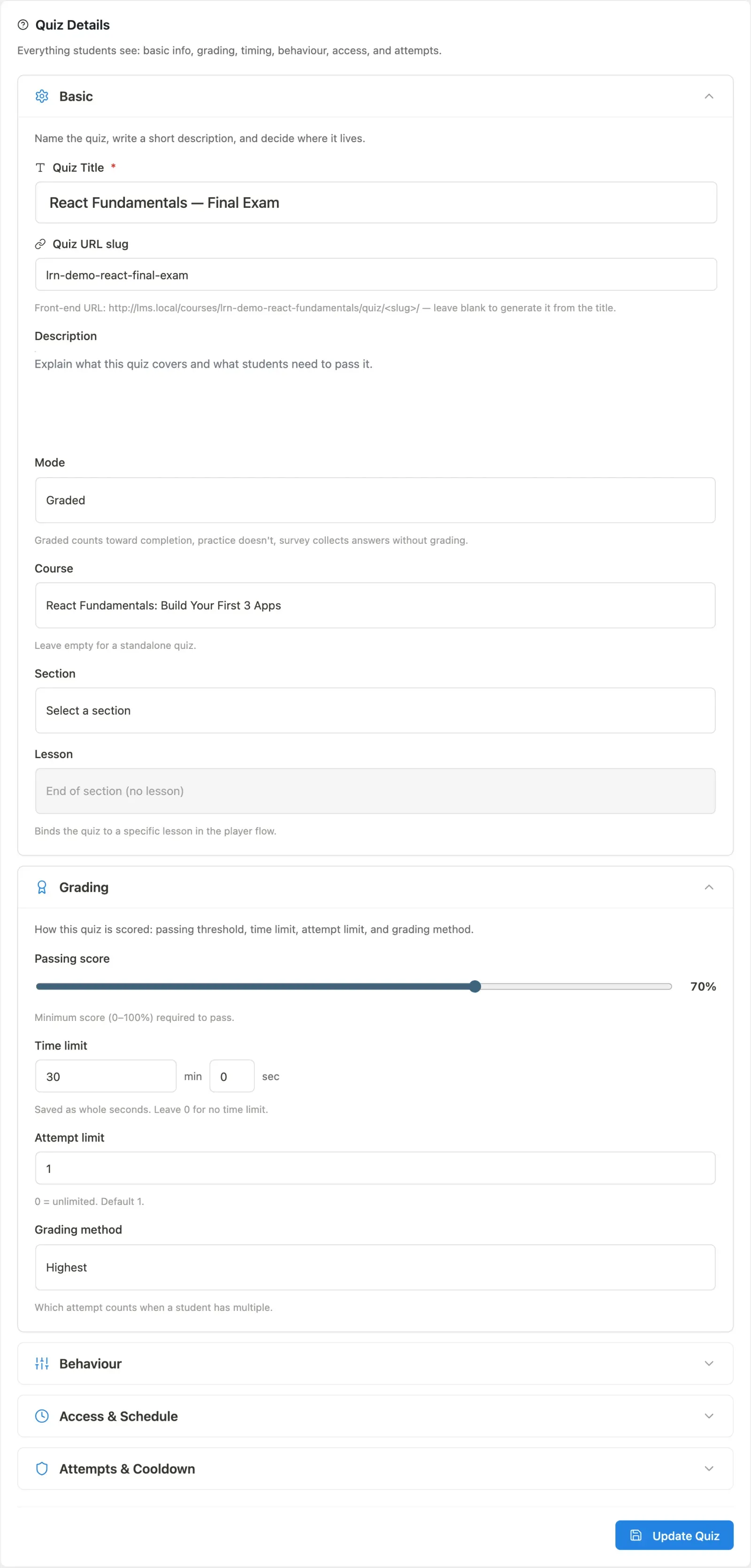 Quiz editor slots