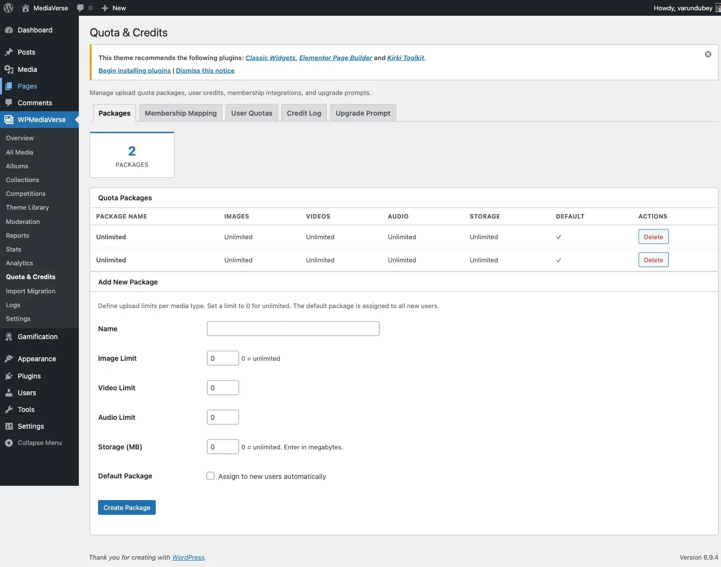 Add New Package screen with count and storage limits