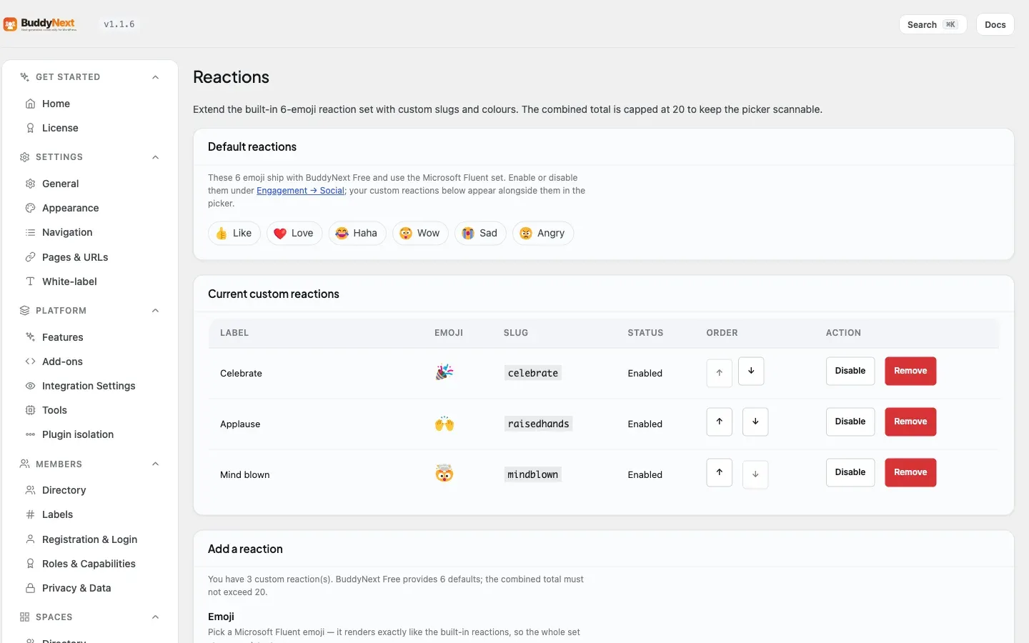 The Engagement Reactions admin tab where you add and manage custom reactions