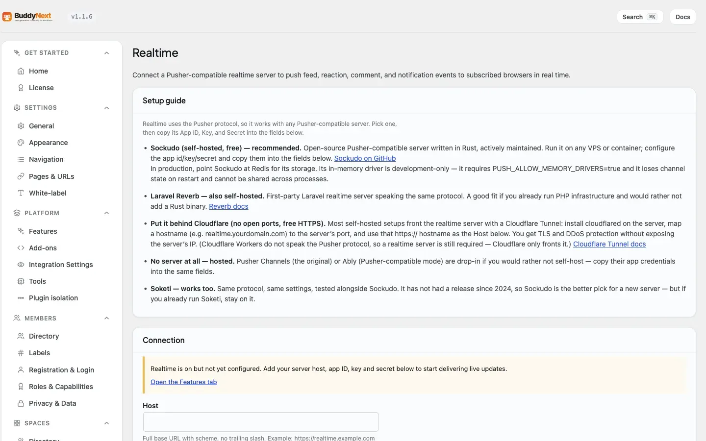 The Realtime admin tab for WebSocket and live updates