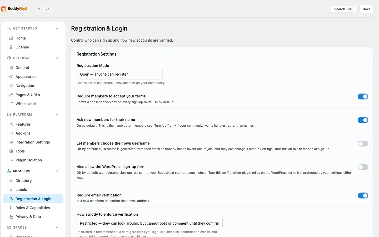 Members - Registration &amp; Login admin tab showing registration mode, the login panel, spam protection, and social-login fields