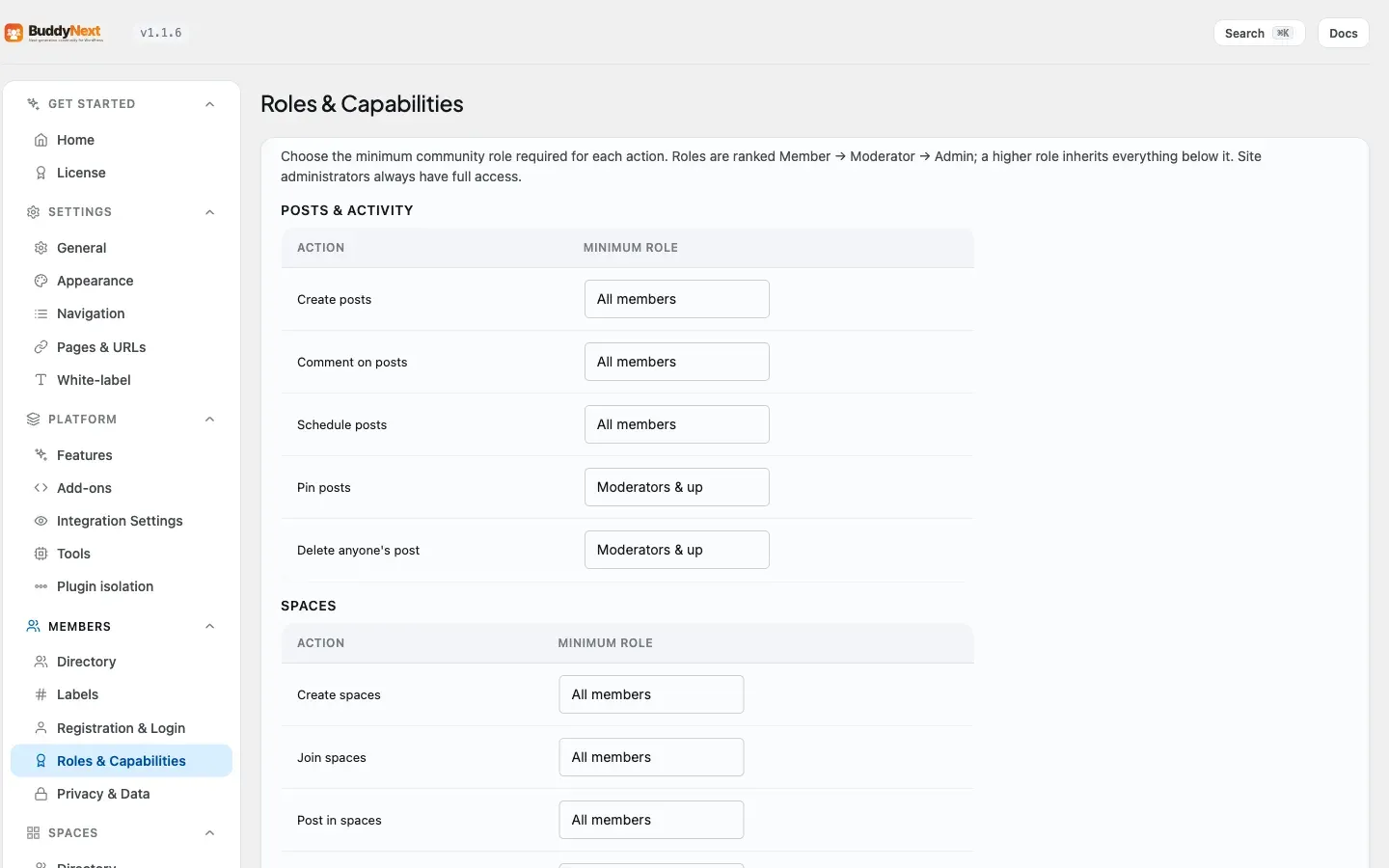 The BuddyNext admin Roles and Capabilities tab, where each community action is mapped to a minimum role