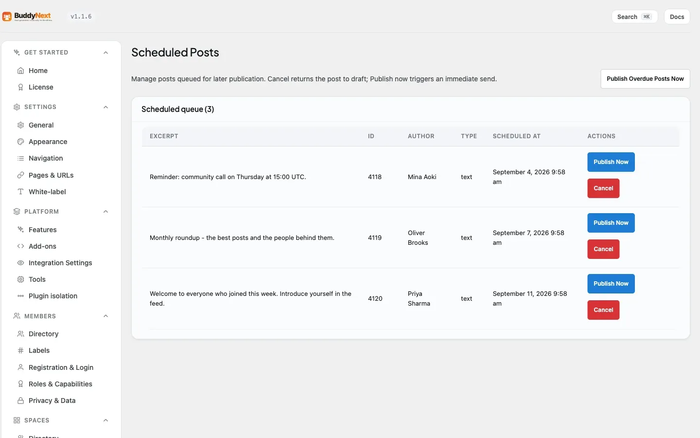 The Campaigns > Scheduled Posts admin tab where you review the queue of scheduled posts