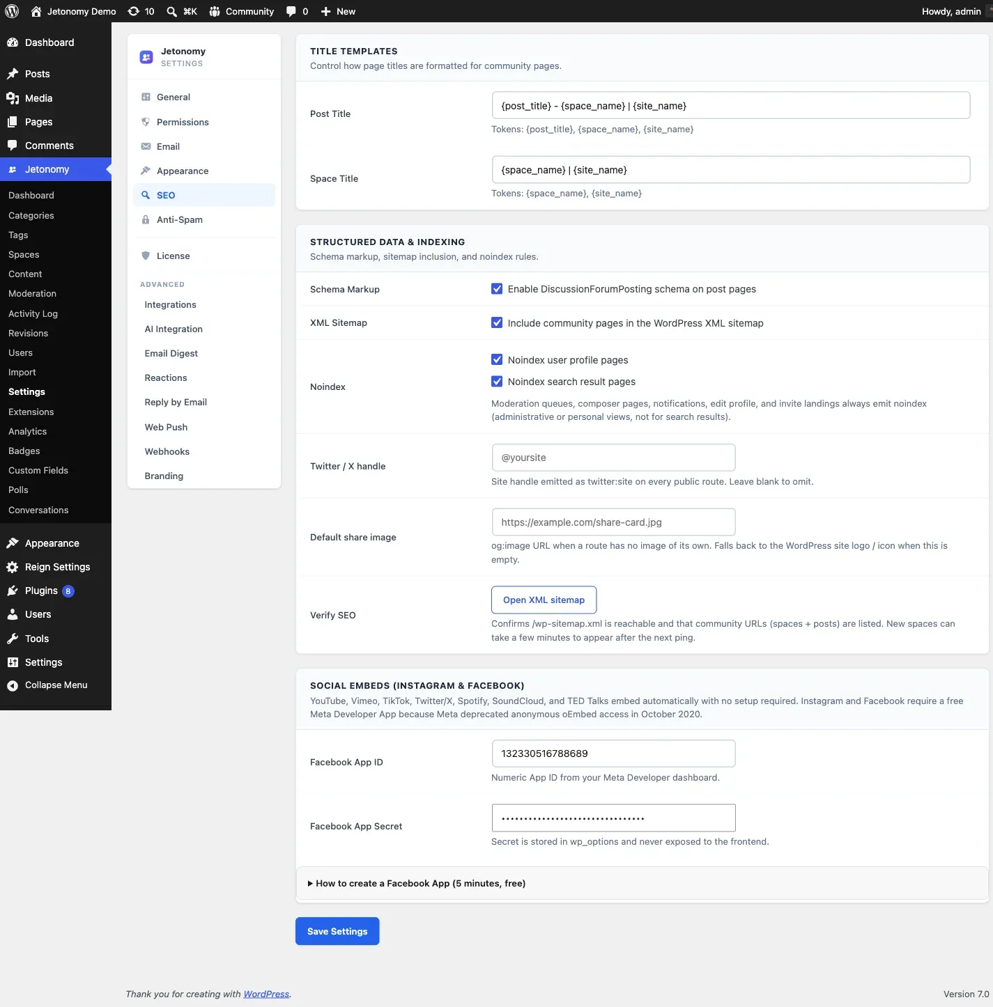 SEO settings with sitemap toggle, meta title patterns, and robots directives
