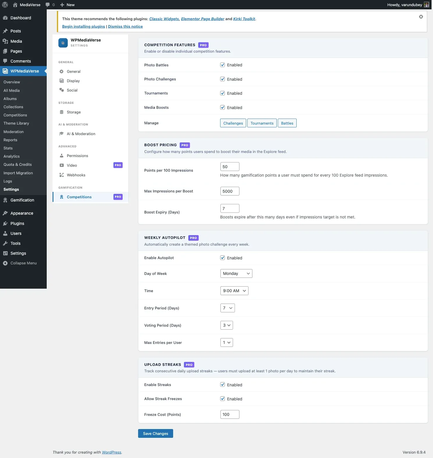Gamification overview in MediaVerse admin settings
