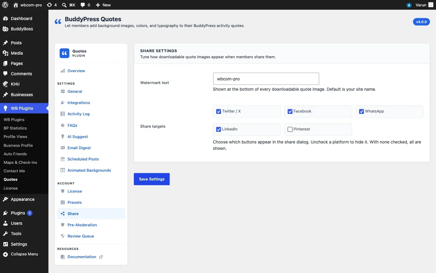 The Share settings tab showing the watermark text field and a list of social network toggles.