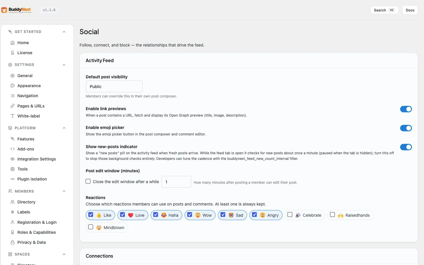 The site owner sets the default post audience with the Default post visibility control, under the Social tab’s Activity Feed section