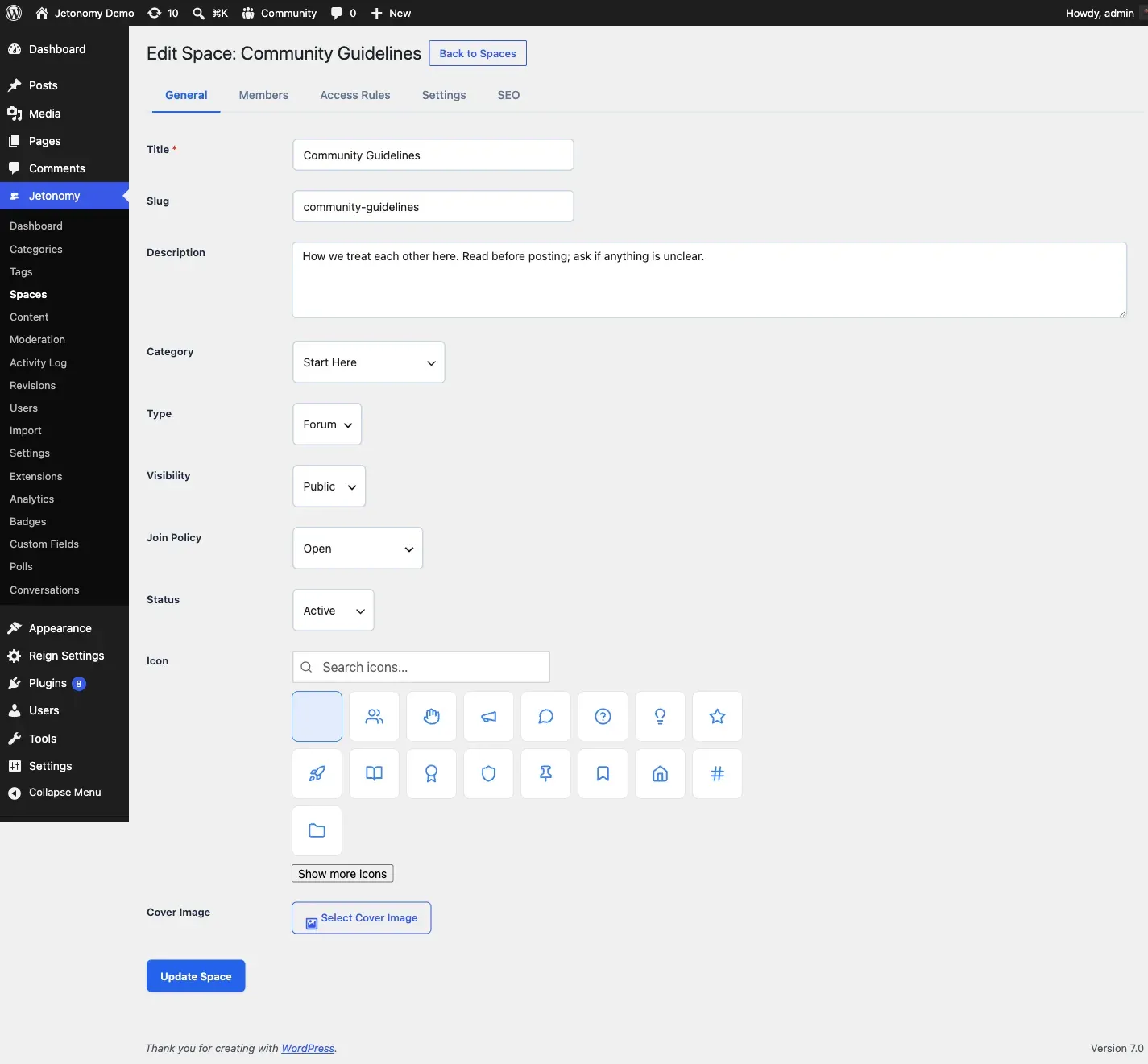 Admin space editor with name, description, and settings fields