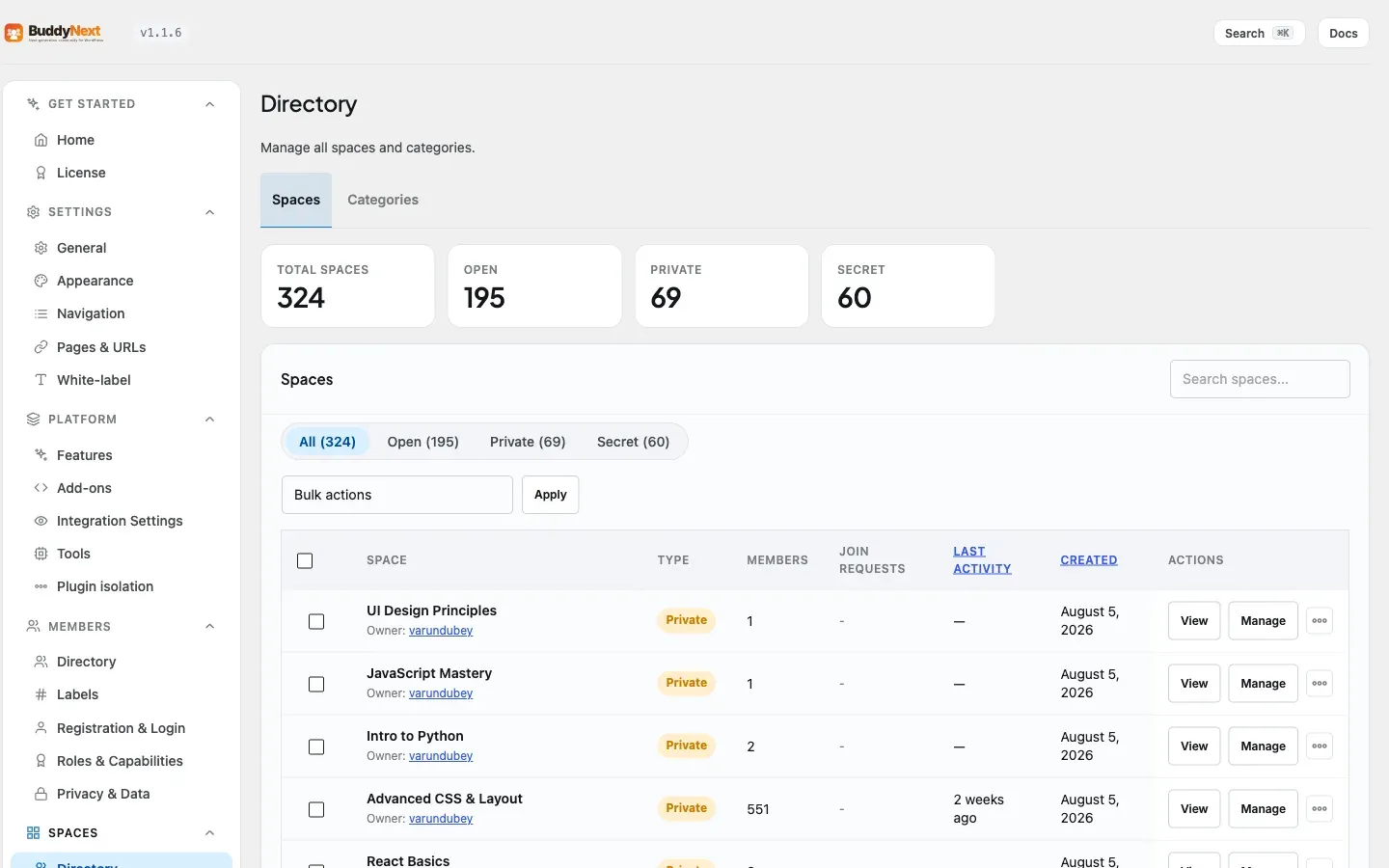 The admin spaces list sorted by Last Activity
