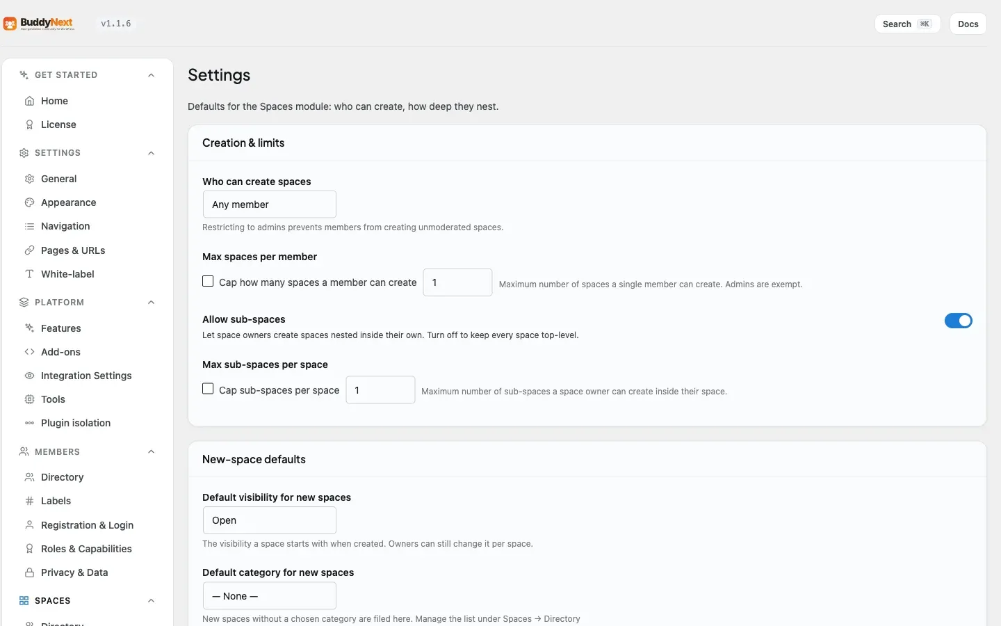 Spaces - Settings admin tab for space roles and posting permissions