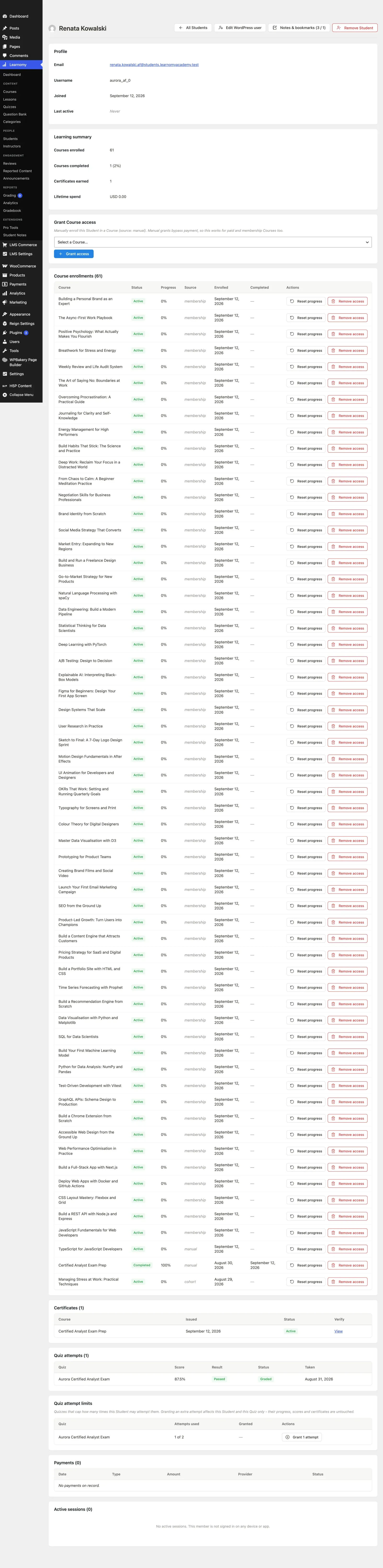 Custom field values on a student detail page