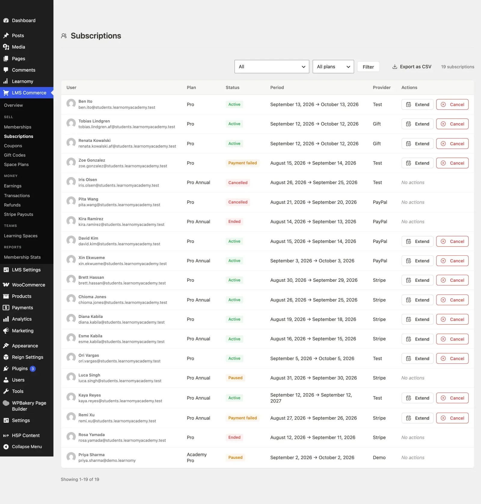 Subscriptions list