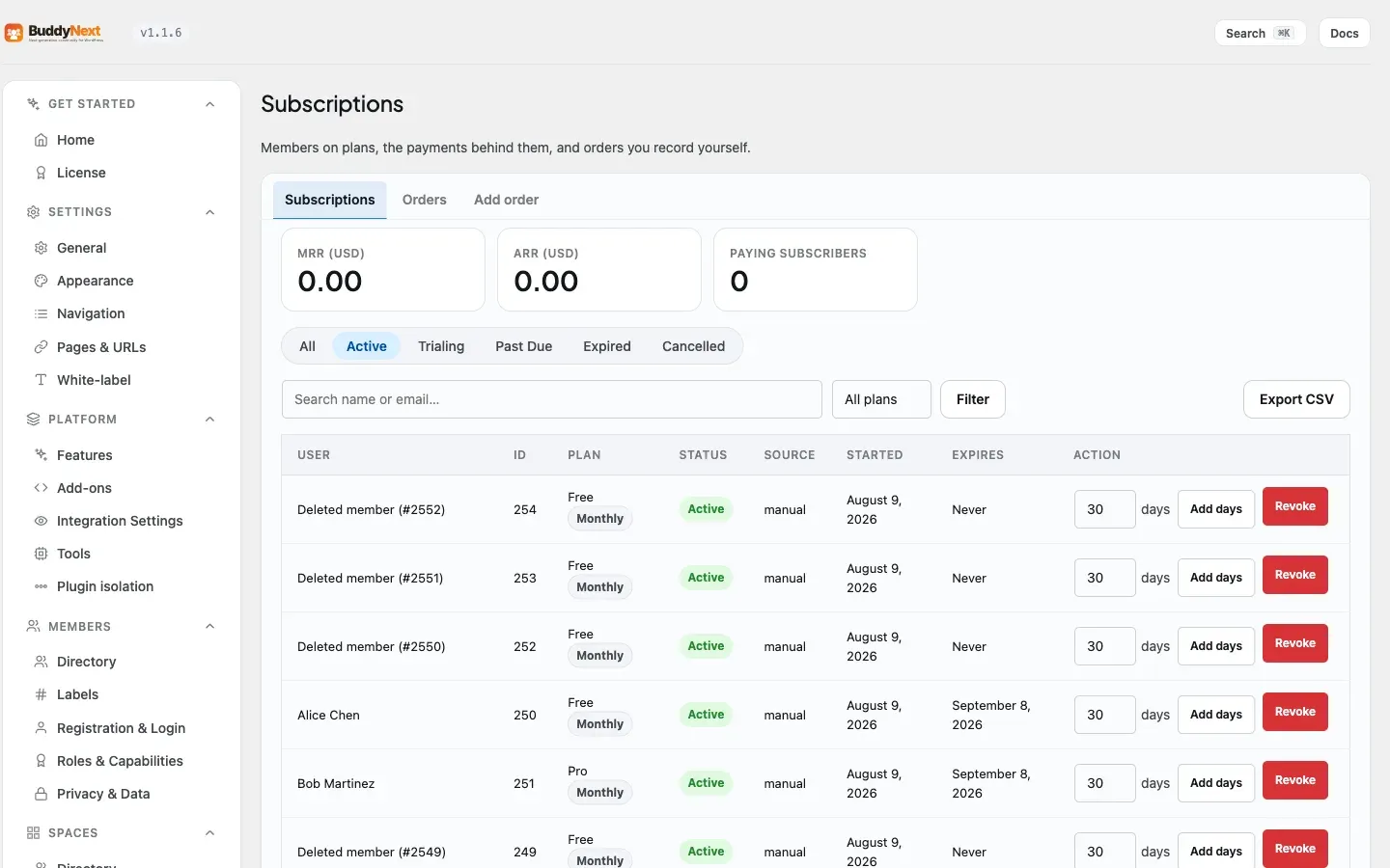The Monetization → Subscriptions admin tab listing active member subscriptions