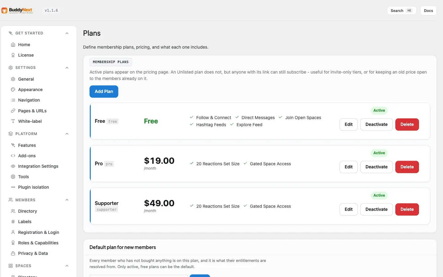 The Monetization Plans admin tab, one of the Pro screens that reads and writes the Pro schema described here