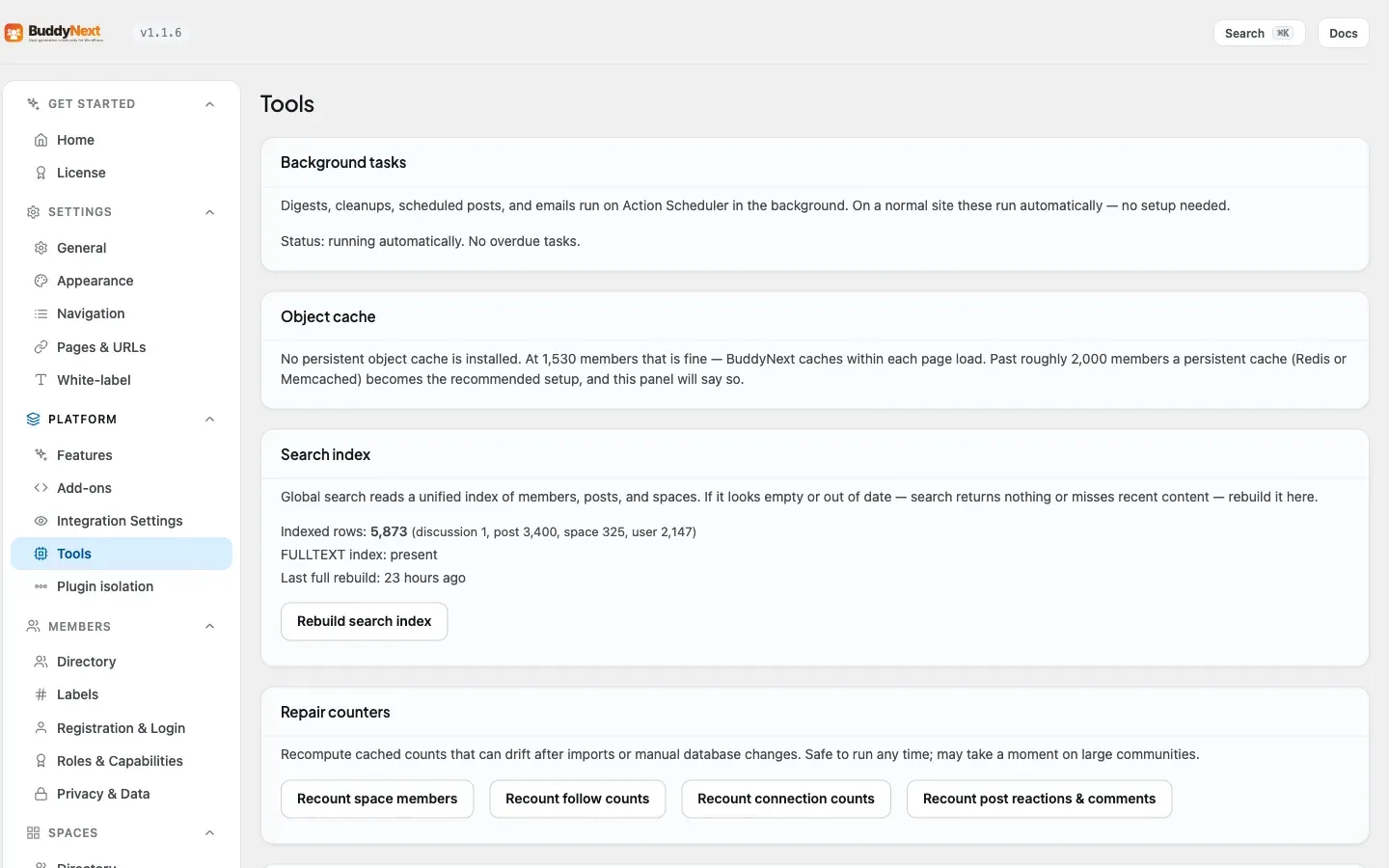The Platform > Tools admin tab for maintenance and CLI-adjacent operations