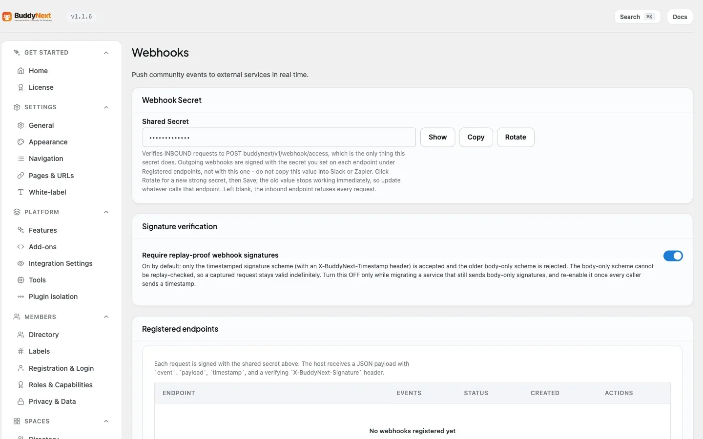 BuddyNext admin Realtime & Push > Webhooks tab for configuring outbound webhook endpoints and events