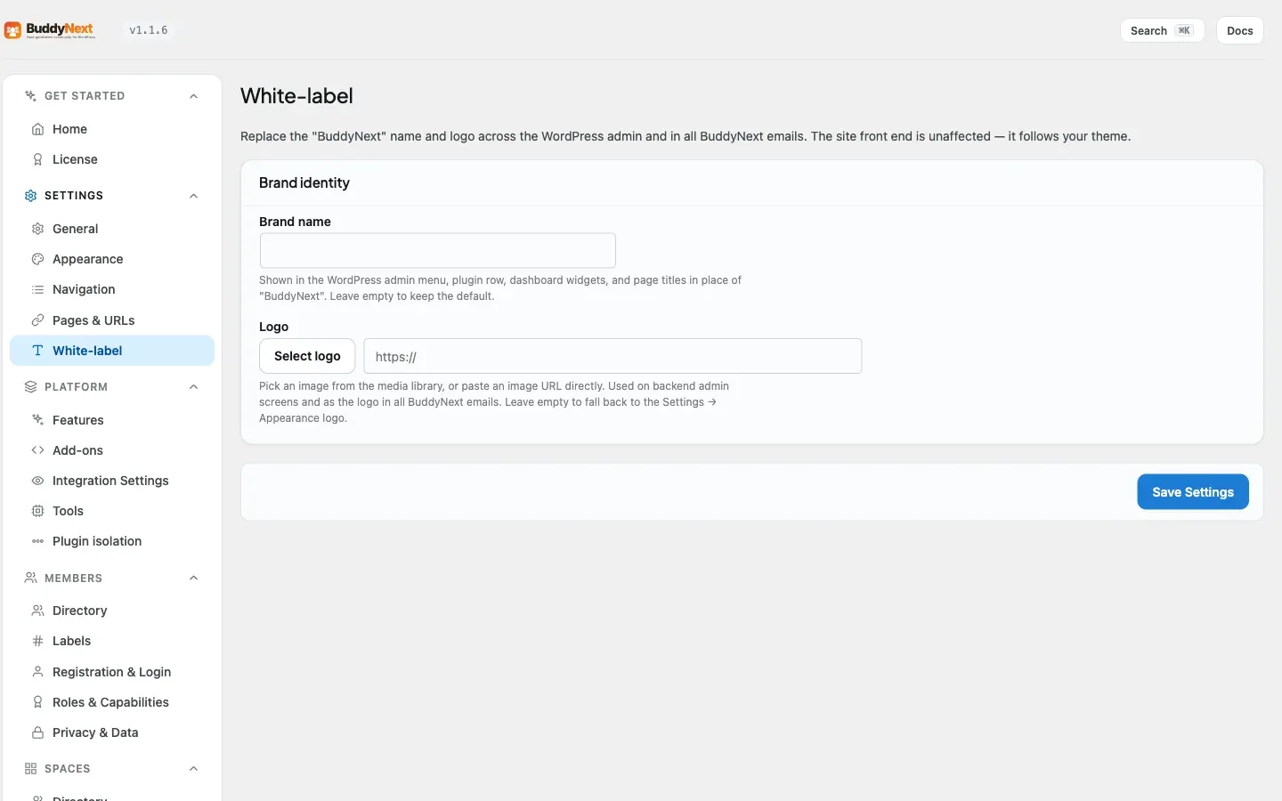 The White-label settings where you set the brand name and logo