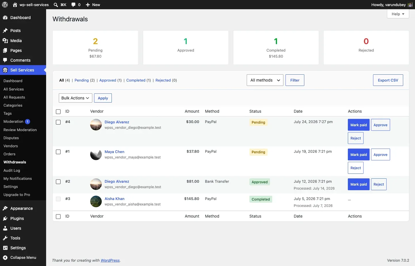 The Withdrawals screen: export what is owed, then mark each payout paid
