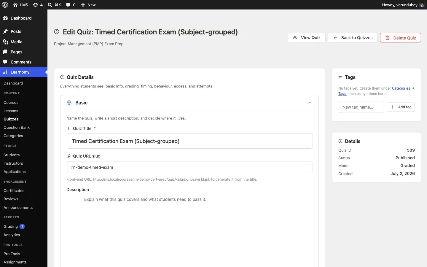 Advanced quiz settings first view