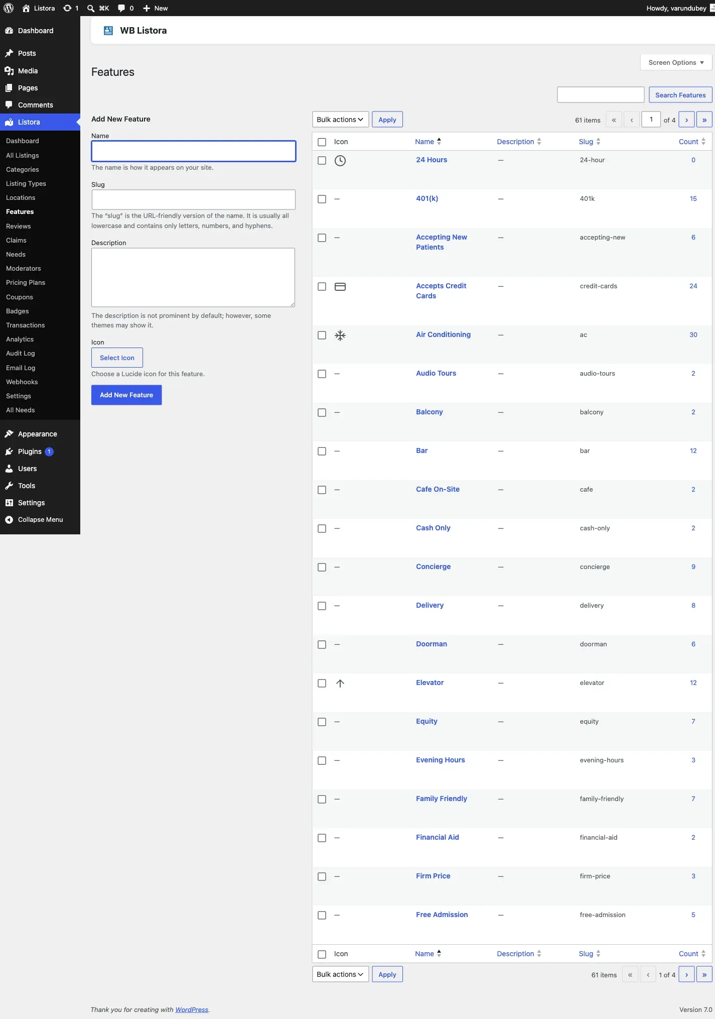 Amenities - Features taxonomy admin page with non-hierarchical term list