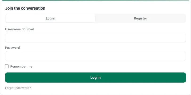 Jetonomy Login block showing the Login and Register tabs rendered inline on a community page