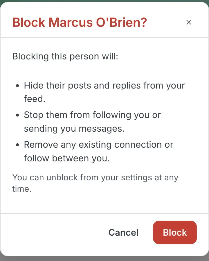 The block confirmation dialog explaining what blocking does, with Cancel and Block actions