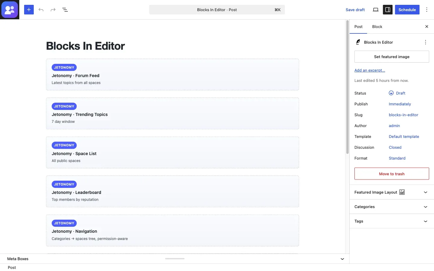 Jetonomy blocks shown as static preview cards in the Gutenberg block editor