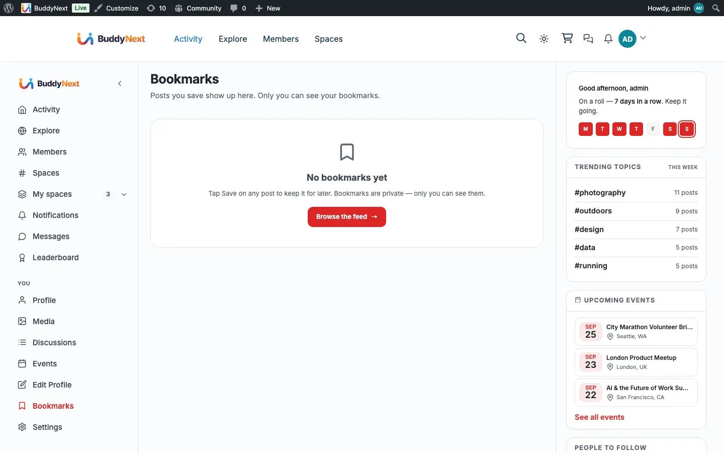 A member’s Bookmarks page listing saved posts, each with the Save action highlighted