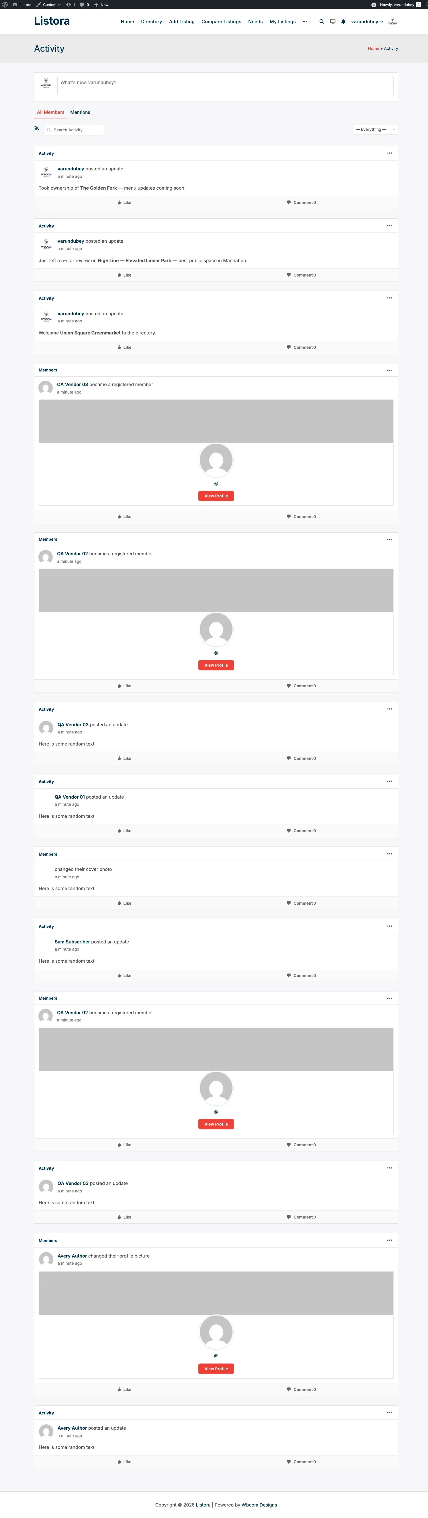 BuddyPress Integration - BP activity stream showing a Listora listing publication