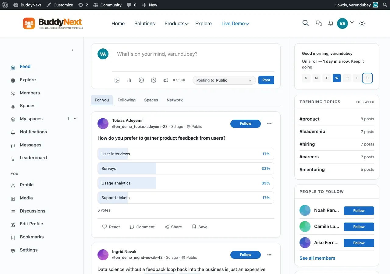 A community activity feed styled by BuddyX Pro