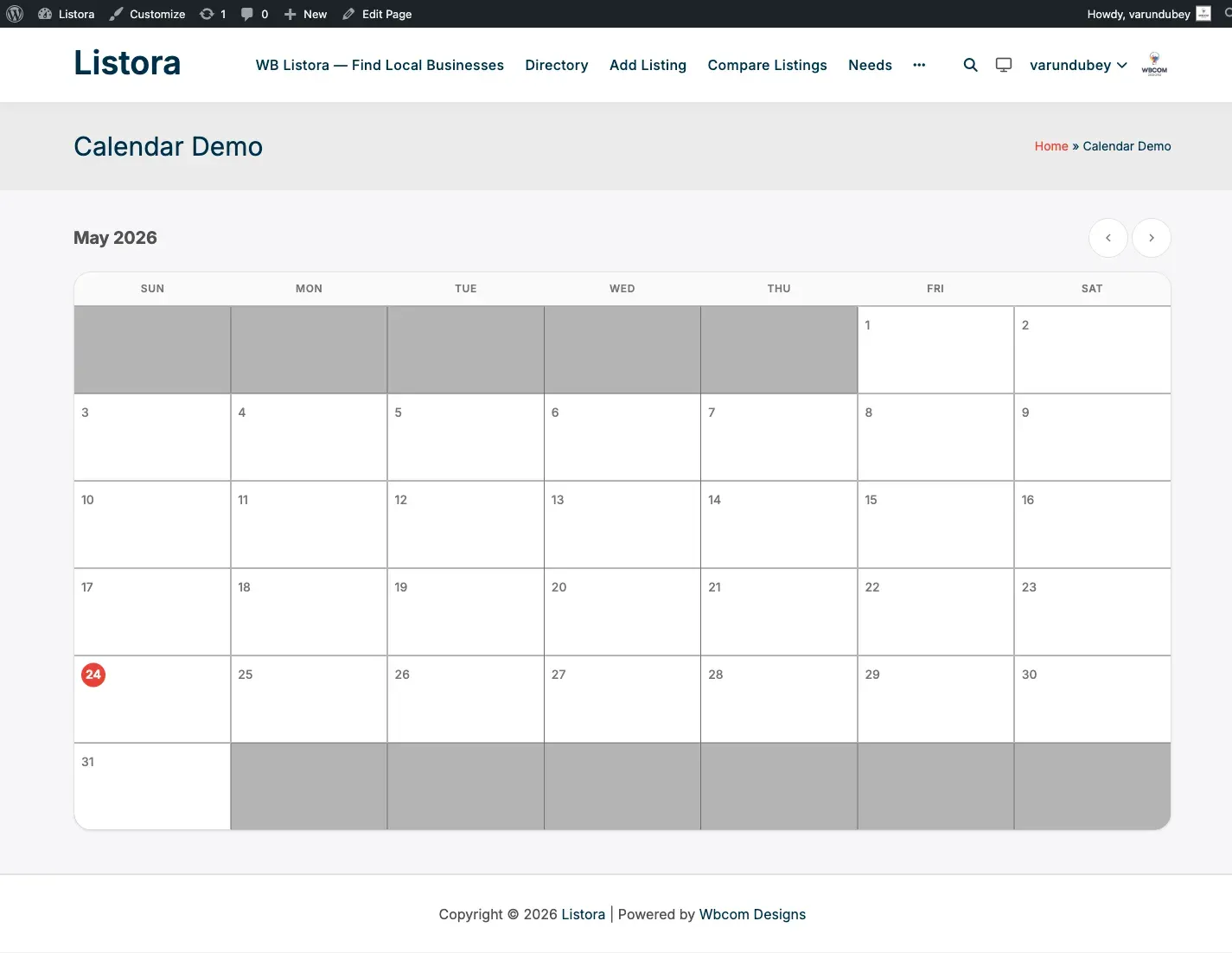 Calendar - monthly view with event dots colored by listing type