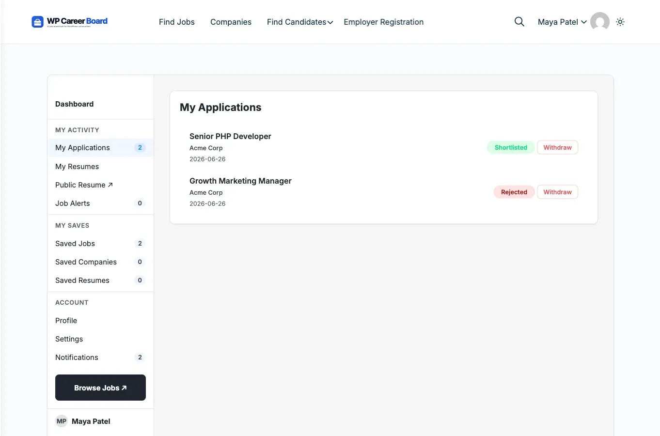 Candidate Dashboard - My Applications Tab