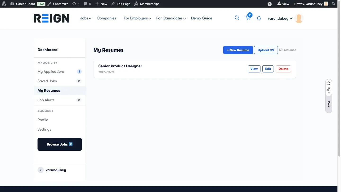 My Resumes Tab - Dashboard
