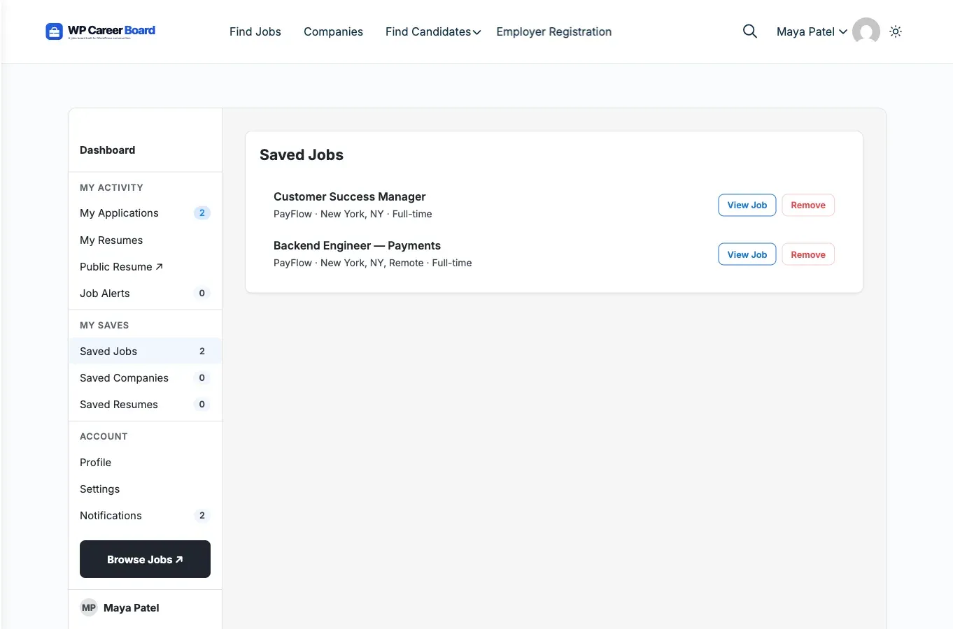 Candidate Dashboard - Saved Jobs Tab