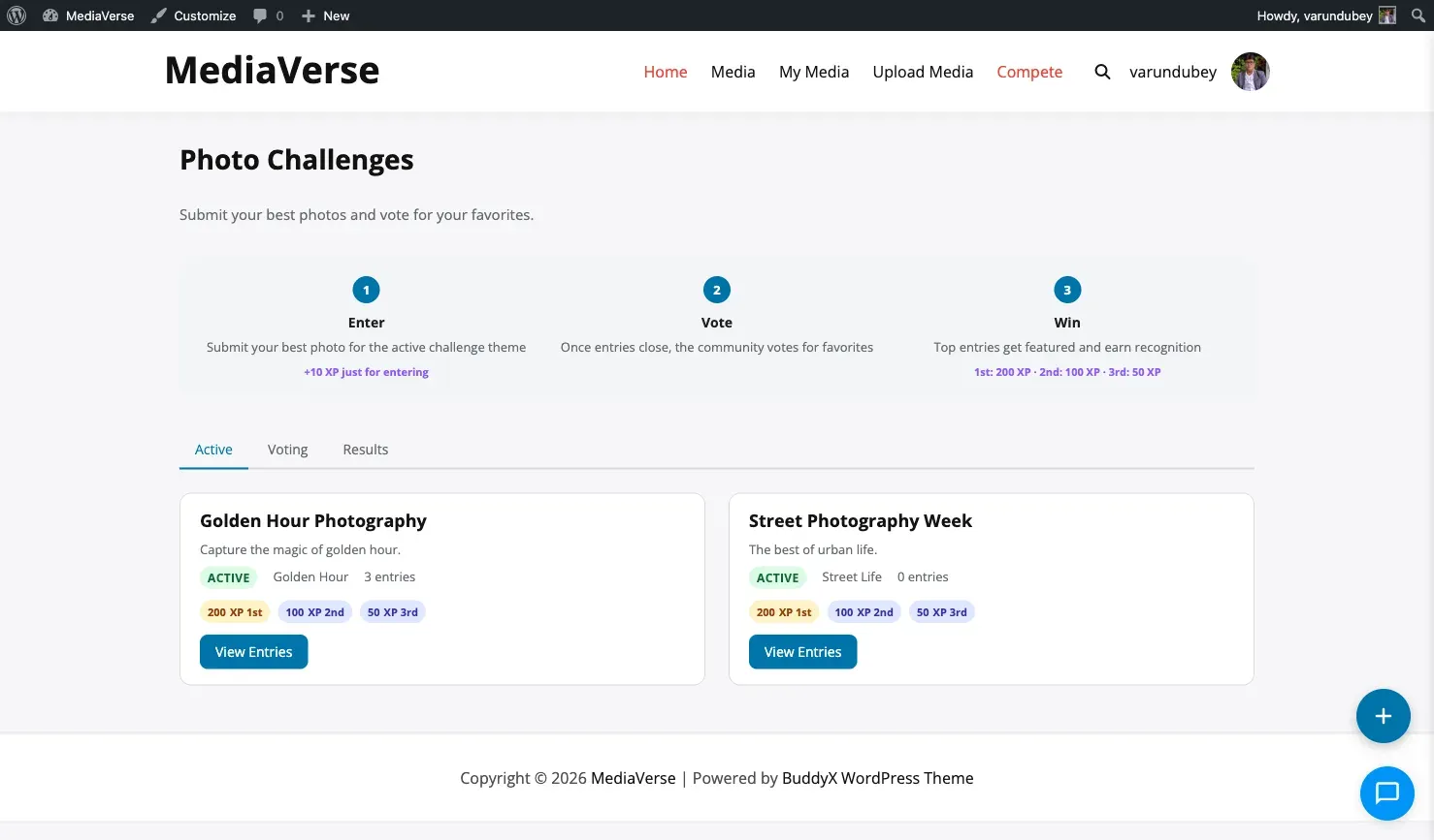 Photo Challenges frontend page showing active challenge