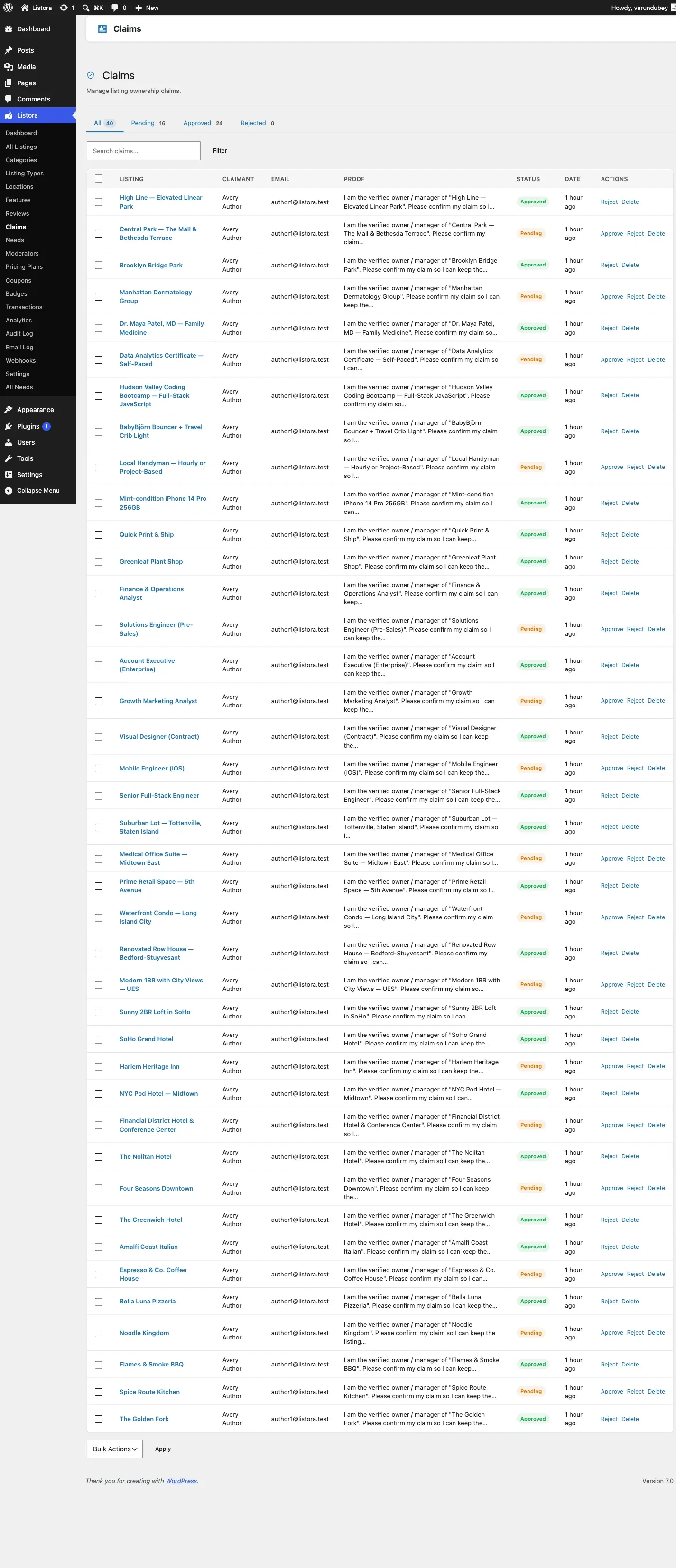 Claims admin - pending claims with approve / reject / view-proof actions