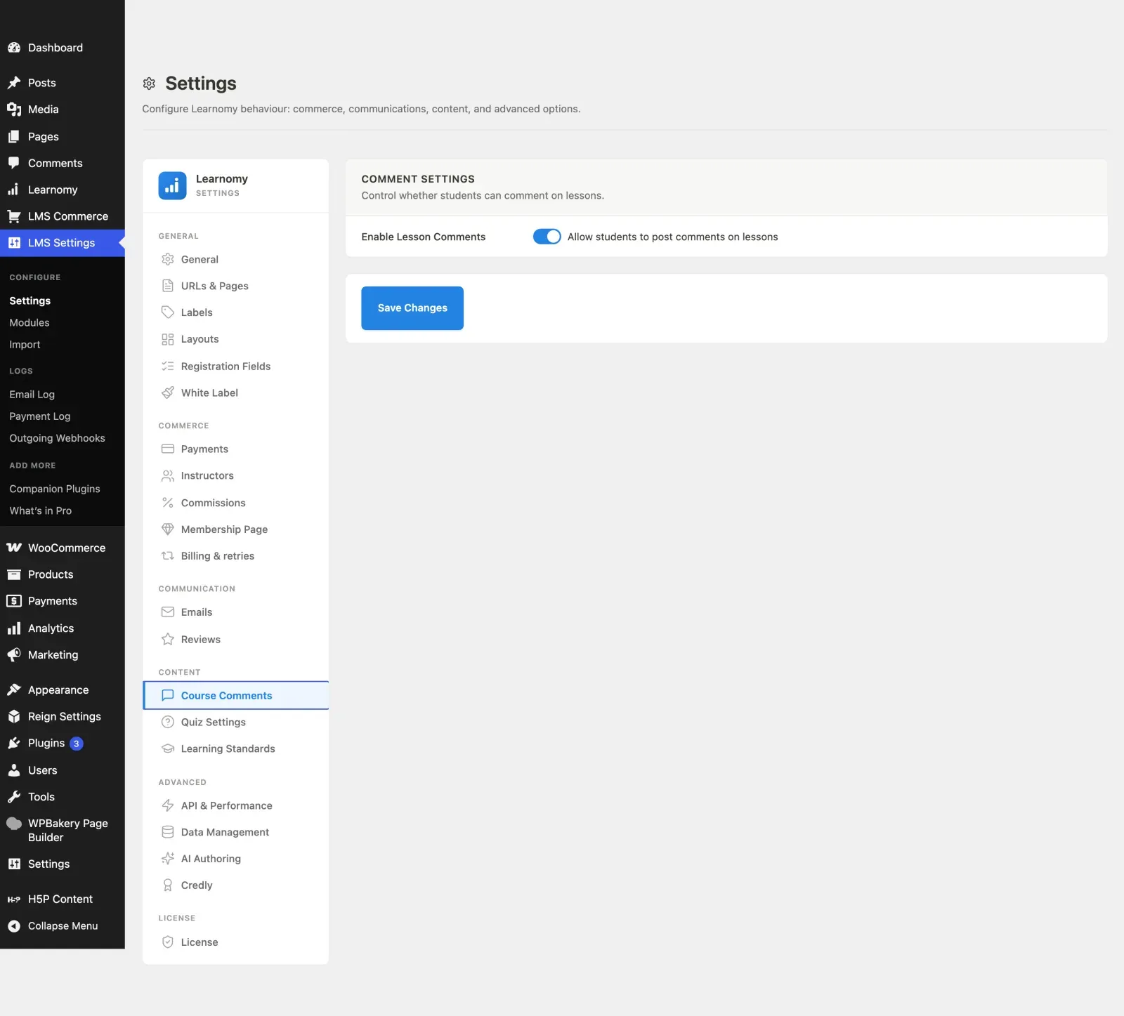 Comment Settings first view