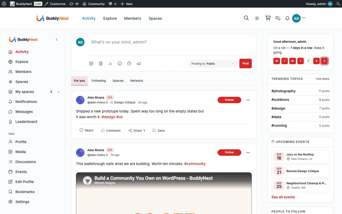 A BuddyNext activity feed where each post card includes a Save action to bookmark it privately