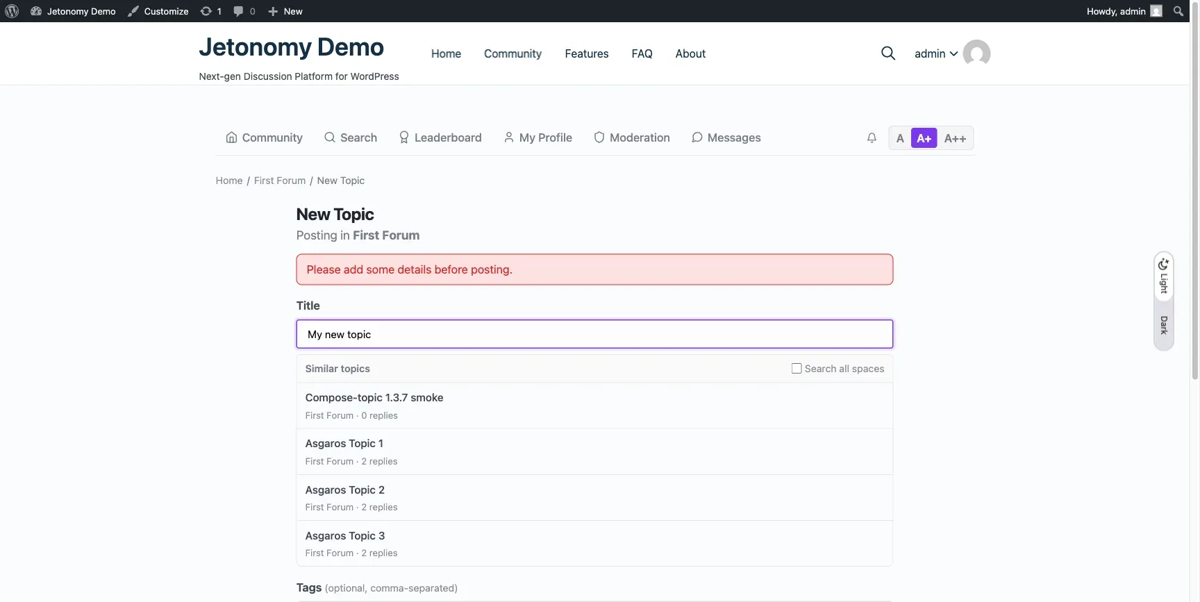 Inline validation banner when the body is empty