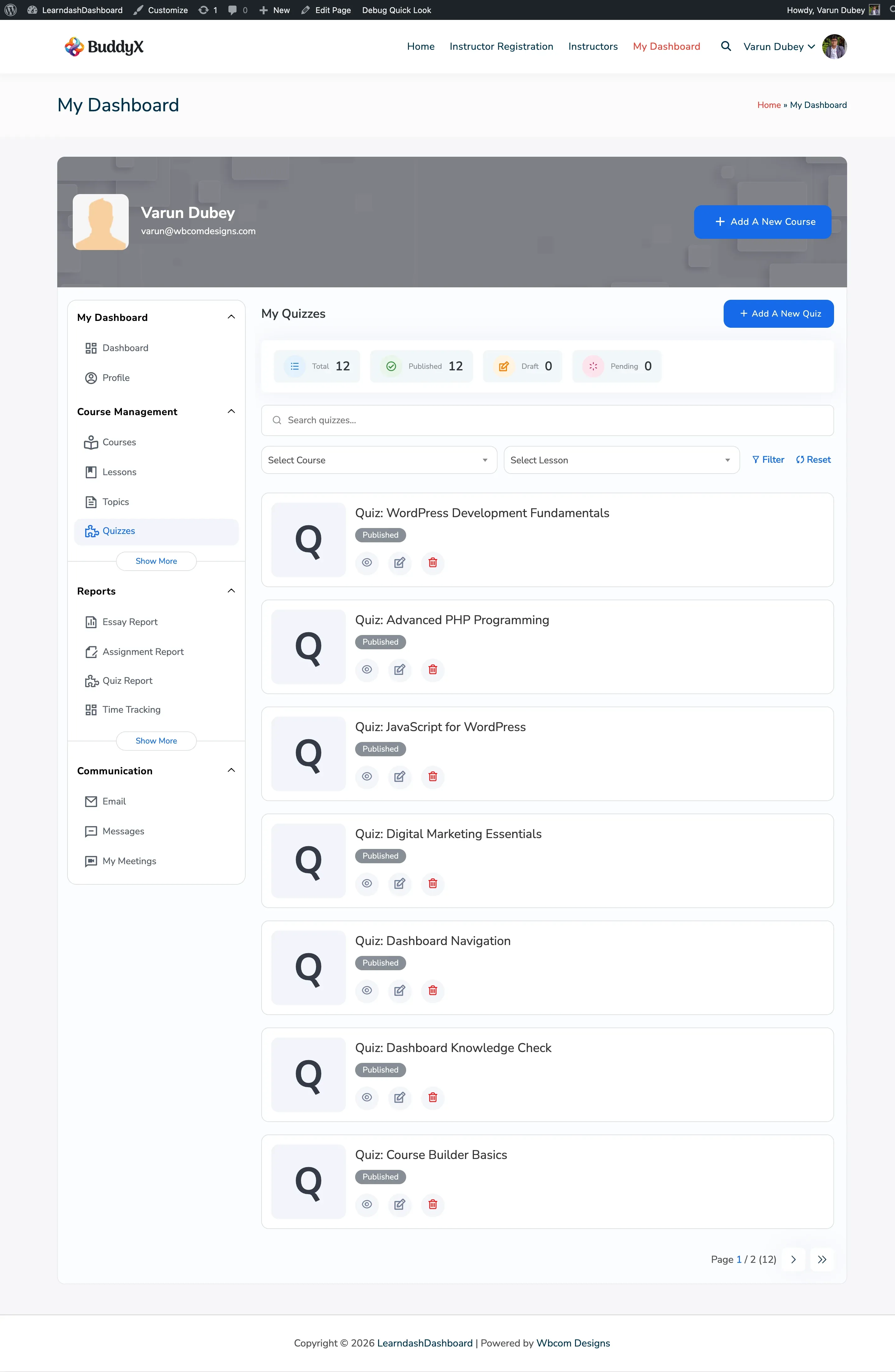 Admin Quizzes Listing